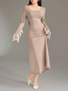 Modelyn Vestido de suéter maximalista de ajuste slim con mangas largas y parches de unicolor para mujeres