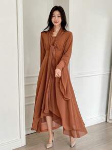 DAZY Vestido de cuello en V con cintura anudada, estilo vacaciones