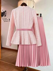 SHEIN Clasi Standard Size Women Valentine's Day Round Neck Ruffled Waist Jacket + Solid Color Pleated A-Line Skirt Pink Suit Fall Cloth For Women