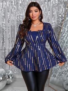 Allurite Plus Size Silver Foil Fabric Cut-Out Detail Waisted A-Line Long Sleeve Shirt Peplum Top - Multicolor - View 5