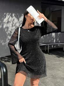 Muchica 女式加大码优雅圆领喇叭袖口亮片网眼拼接连衣裙