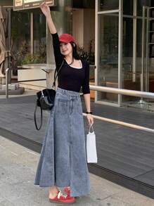 DAZY 1 pièce Jupe en jean casual longue avec taille asymétrique et double poche pour femmes - Bleu azur - Voir 2