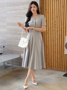 Wynsel 2 件套优雅纯色圆领衬衫和裙子套装，适合女士，春夏季，返校服装 - 淺灰色 - 查看 6