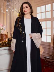 Al Najma 大码女式纯色长袖蕾丝雪纺阿拉伯长袍 Abaya，优雅奢华晚会风格，朴素