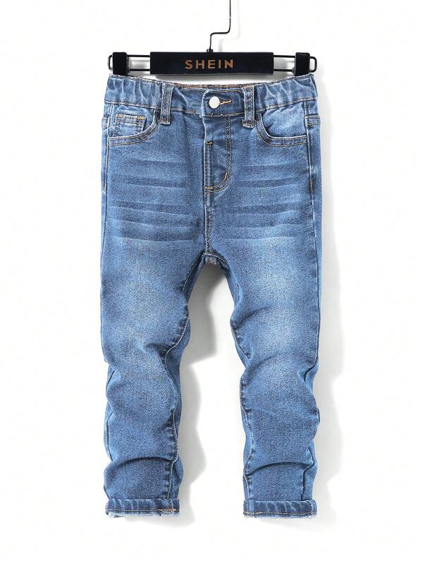 SHEIN 1 pieza Pantalones vaqueros pitillo azules de lavado oscuro, cómodos y refrescantes, con diseño elástico para uso diario y ropa de vuelta al colegio para niños pequeños