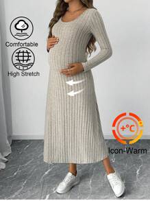 SHEIN Maternity Solid Color Round Neck Long Sleeve Simple Long Casual Dress