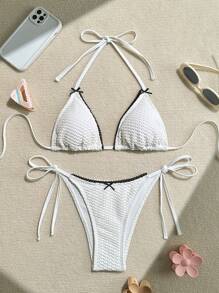 SHEIN Swim White Bow Trim Sexy Bikini Set, Two-Piece Beach Vacation Swimwear For Women Summer - White - View 5