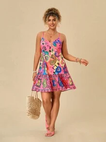 Travachic Vestido de verano de tallas grandes con estampado multicolor bohemio y tirantes