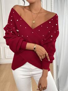 SHEIN Clasi Women's Front Overlapping Design Pearl Decoration V-Neck Sweater Pullover Sweater,Parties, Music Festivals, Home Wear, Back-To-School Events, Gifting, And Shopping.Sexy Women Tops,Winter Women Dress,Elegant Women Dresses,Going Out Tops,Off Shoulder,Sexy Women Outfits,Fall Sweaters