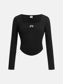 SHEIN Leap Crew 2 件套 Tween 女童街头风格不对称荷叶边 U 领水钻缀饰长袖 T 恤和时尚迷彩印花阔腿裤