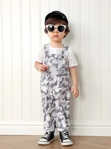 Dwuczęściowa biała koszulka dla chłopców z kamuflażowym kombinezonem, odpowiednia dla niemowląt do zabawy, dzięki czemu wyglądają bardziej modnie