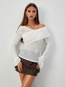 SHEIN Unity 女士休闲蝴蝶镂空半透明喇叭袖拼色T恤，春秋季 - 杏色 - 查看 4