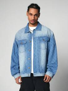 ROMWE MEN Street Life 男式休闲水洗纹理牛仔夹克 - 藍色 - 查看 4