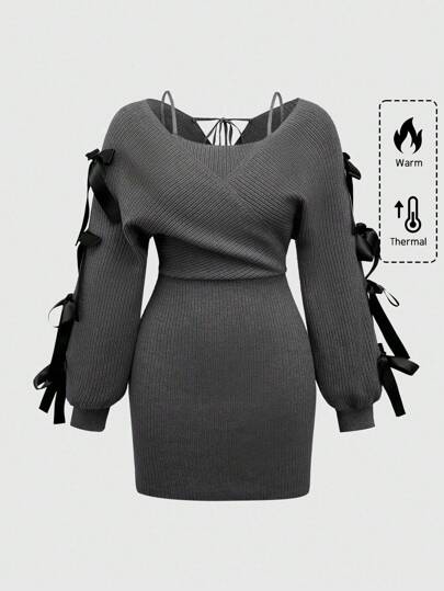 Kawaii Romantic & Delicate 2 In 1 Ribbow Belt & Bow Decor Plus Size Sweater Dress