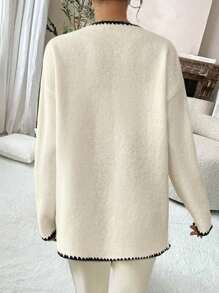 SHEIN Clasi New European Style Blogger Same Design Sense Colorblock Vintage Double Pockets Casual Crew Neck Knit Jacket
