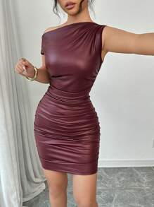 Calvaya Women's Elegant PU Leather Ruffle Waist Tight Fitting Slim Mini Dress