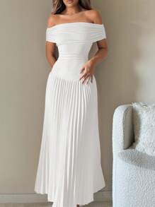 SHEIN ICON Vestido de bienvenida 1 pieza, vestido elegante de unicolor, plisado y con hombros descubiertos - Blanco - Ver 1