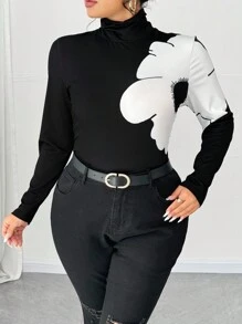 Elenzga Women Plus Size Elegant Floral Print Long Sleeve High Neck T-Shirt Fall Cloth For Women - Black - View 4