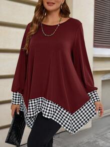 EMERY ROSE Plus Size Casual Color Block Asymmetric Hem Plaid T-Shirt,Winter Tops, Autumn&Winter Women Clothes,Vacation Outfits Woman,Boho For Women,Summer Outfits For Women/Summer - Burgundy - View 1