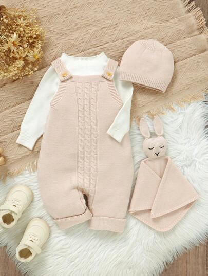 SHEIN [Comfy Baby Set] Infant Sweater Jumpsuit With Bib + Hat + Adorable Muslin Swaddle Blanket 3pcs Set, Casual Minimalist Design, Integrated Construction For Ultimate Comfort, Provides All-Round Cozy Experience For Baby