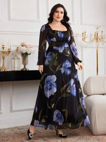 Modelyn Plus Size Square Neck Long Sleeve Floral Allover Print Minimalist Elegant Long Dress - Multicolor - View 7