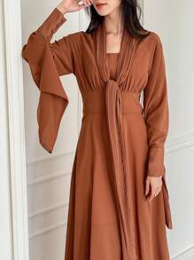DAZY Vestido de cuello en V con cintura anudada, estilo vacaciones