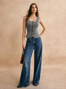 Poéselle Women Sleeveless Simple Front Button Casual Top, Daily Wear - Grey - View 6