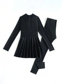 Swim Mulvari 2 件套女士海滩布基尼泳衣套装 - 黑色圆领荷叶边长袖上衣和黑色长裤，适合夏季海滩度假阿拉伯服装 - 黑色 - 查看 7