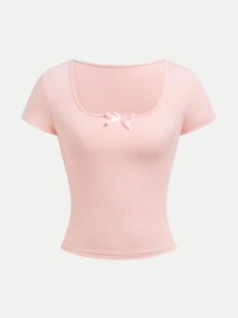 SHEIN 3 件青少年女孩 T 恤套装，休闲百搭优雅蝴蝶结方领短袖，适合春夏季穿着 - 彩色 - 查看 10