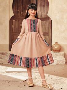 SHEIN Tween Girl Spring & Summer Casual Vacation Retro Stripes & Geometric Retro Print Patchwork Flare Sleeve Ruched Hem Long Dress - Khaki - View 3