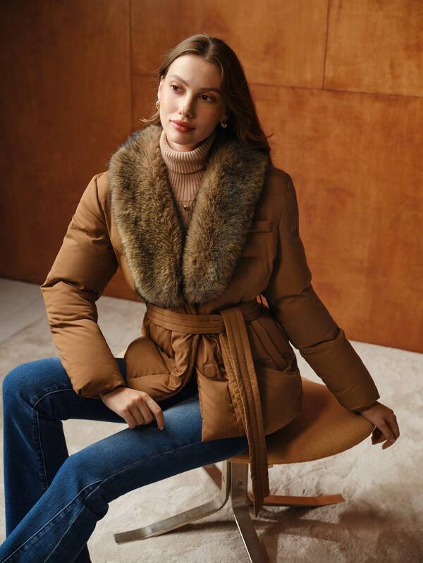 MOTF PREMIUM 对比色毛绒领子系腰带填充大衣