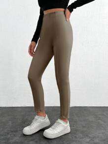 SHEIN Cottnline Women Solid Color Basic Slim Fit Leggings, Casual Everyday Wear - Krem - View 4