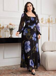 Modelyn Plus Size Square Neck Long Sleeve Floral Allover Print Minimalist Elegant Long Dress - Multicolor - View 3