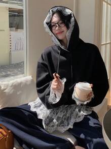 DAZY Sweat-shirt à capuche simple à manches longues avec patchwork en dentelle pour femmes, vêtement casual pour tous les jours, vêtements d'automne - Noir - Voir 5