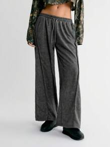 SHEIN Unity Women's Solid Color Drawstring Loose Washed Sweatpants With Pockets Fall Cloth For Women - Grey - View 1
