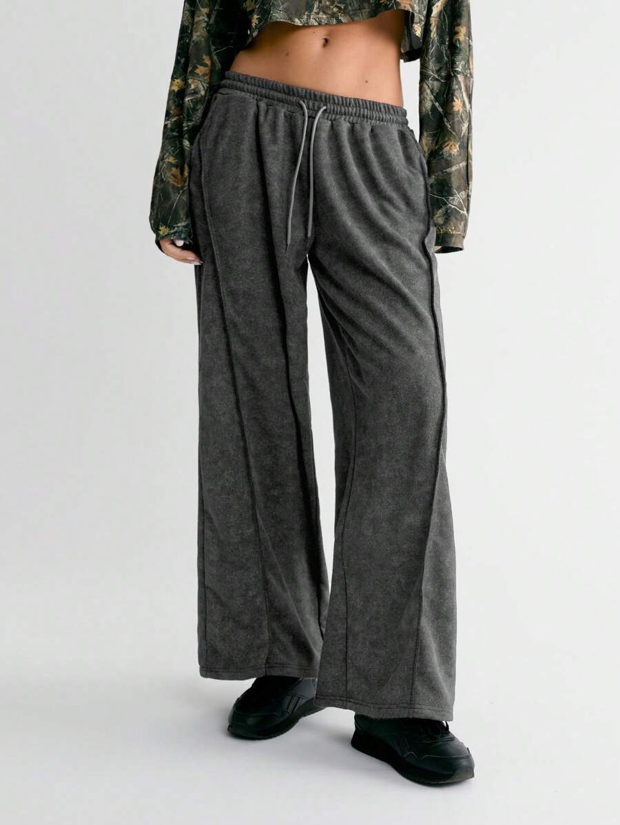 SHEIN Unity Women's Solid Color Drawstring Loose Washed Sweatpants With Pockets Fall Cloth For Women - Grey - View 1