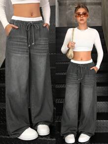 SHEIN Pantalones vaqueros de pernera ancha y suelta con diseño de rayas azules y blancas, en estilo casual de moda otoñal Y2K para adolescentes, con cintura contrastante y diseño 2 en 1