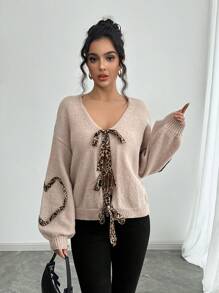 SHEIN Privé Women's V-Neck Cardigan, Leopard Print, Casual And Fashionable For Daily Wear