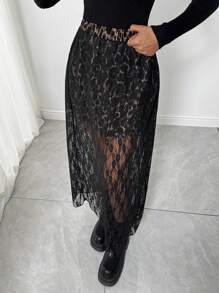 INAWLY Women Lace Patchwork Printed Casual Skirt, Suitable For Leisure And Holiday - Black - View 3
