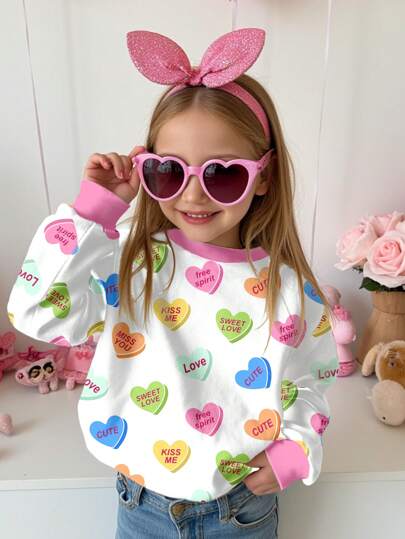 SHEIN Valentine's Day, Cute Colorful Heart Print Casual Minimalist Thick Loose Round Neck Comfy Daily Knit Long Sleeve Sweatshirt For Young Girls,In Fall/Winter