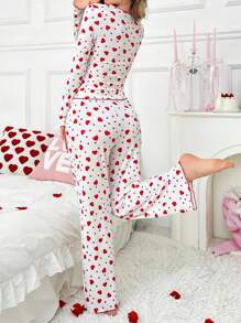 Ruched V-Neck Patchwork Heart Print Long Sleeve Top & Pants Set - Red - View 2