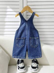 SHEIN Babyjongens Zomer Casual Patched Detail Baggy Straight Leg Denim Overalls Jumpsuit Jeans Shorts Zonder T-shirt, Voor Lente/Zomer Outfits, Kinderen Denim Romper