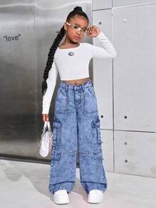 SHEIN Tween Girls Y2K Fashion Pink Stonewashed High Waist Flap Pocket Baggy Straight Leg Cargo Jeans - Medium Wash - View 4