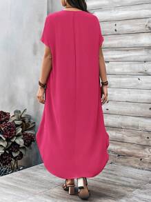 EMERY ROSE Vestido casual de manga corta con escote en V, manga de murciélago y bajo asimétrico para mujer talla grande