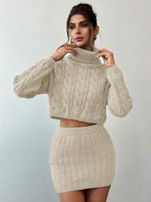 Firerie Women High Neck Long Sleeve Cropped Sweater & Knitted Mini Skirt Set, Casual Autumn/Winter 2 Pieces