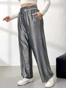 SHEIN Privé Pantalones deportivos de felpa con adornos de strass para uso casual diario de mujer, atuendo adecuado para el Día de San Valentín, citas casuales, conciertos, fiestas, estilo universitario retro de INS, primavera y otoño de 2025, Año Nuevo, fiesta, estilo elegante de hada de oficina, pantalones de fiesta de Año Nuevo con lentejuelas