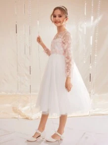 SHEIN Tween Girls Floral Embroidery Long Sleeve Flower Princess Dress, Voluminous Tulle Skirt, Wedding, Birthday Party, Performance For Valentine's Day