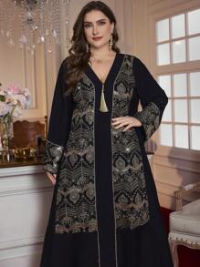 Al Najma Traditional Luxury Elegant Long Sleeve Embroidered Robe Kaftan Jalabiya Dress - Black - View 1