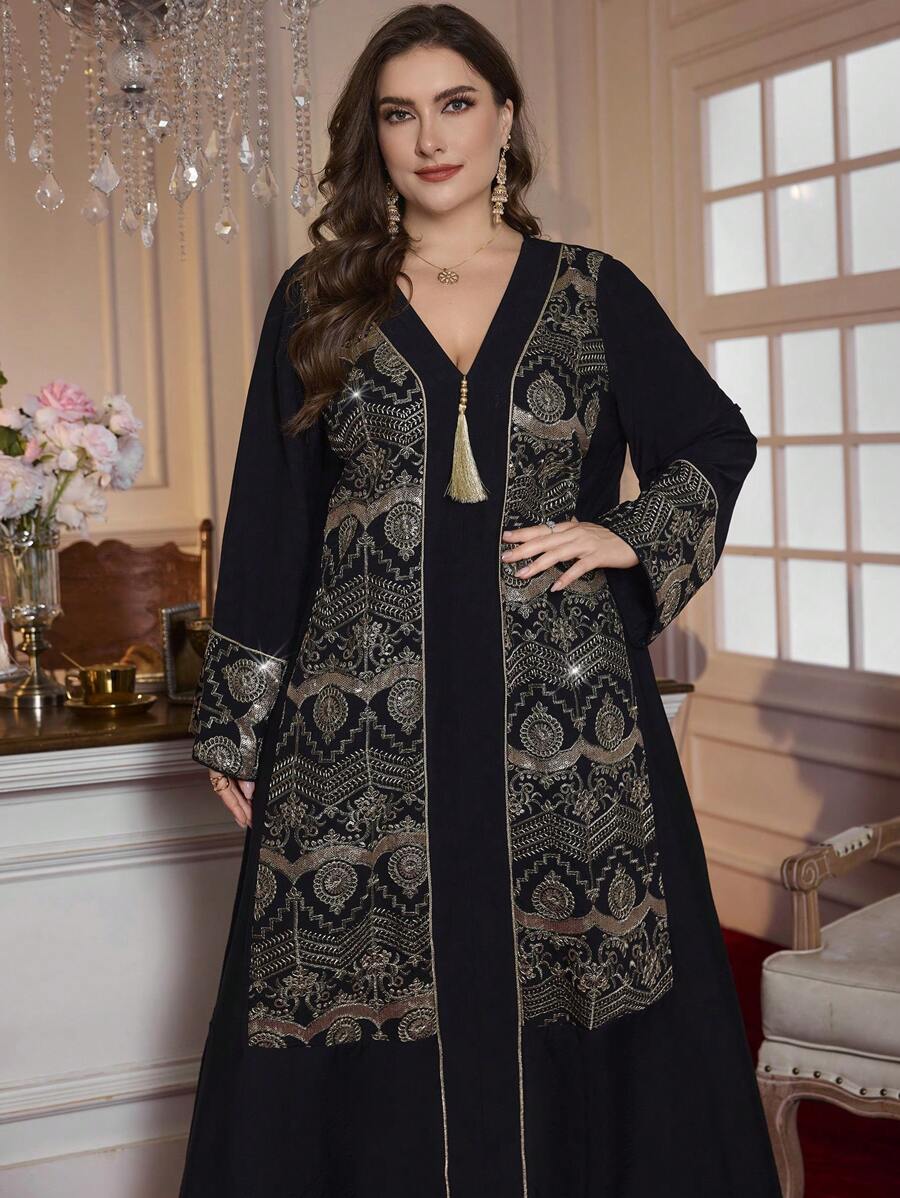 Al Najma Traditional Luxury Elegant Long Sleeve Embroidered Robe Kaftan Jalabiya Dress - Black - View 1