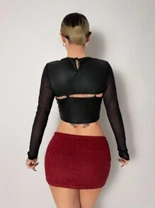 EgrlEra 2 件女士性感派对套装：网眼镂空细肩带上衣 + 深 V 领吊带背心 - 黑色 - 查看 2